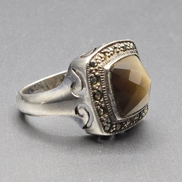 Sterling Silver 925 Smokey Quartz Marcasite Ring Size 8 Checkerboard Dome 7.02g - Picture 13 of 15